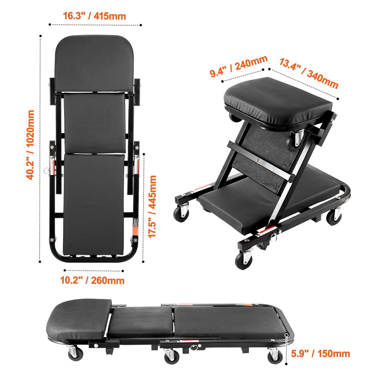 Foldable Z Garage Creeper, 40 in, 450 lbs Load Capacity Rolling Folding Mechanic Creeper Stool, with 6 Universal Wheels Padded Seat Steel Frame, Lay Down or Sit Chair for Garage Shop or Home