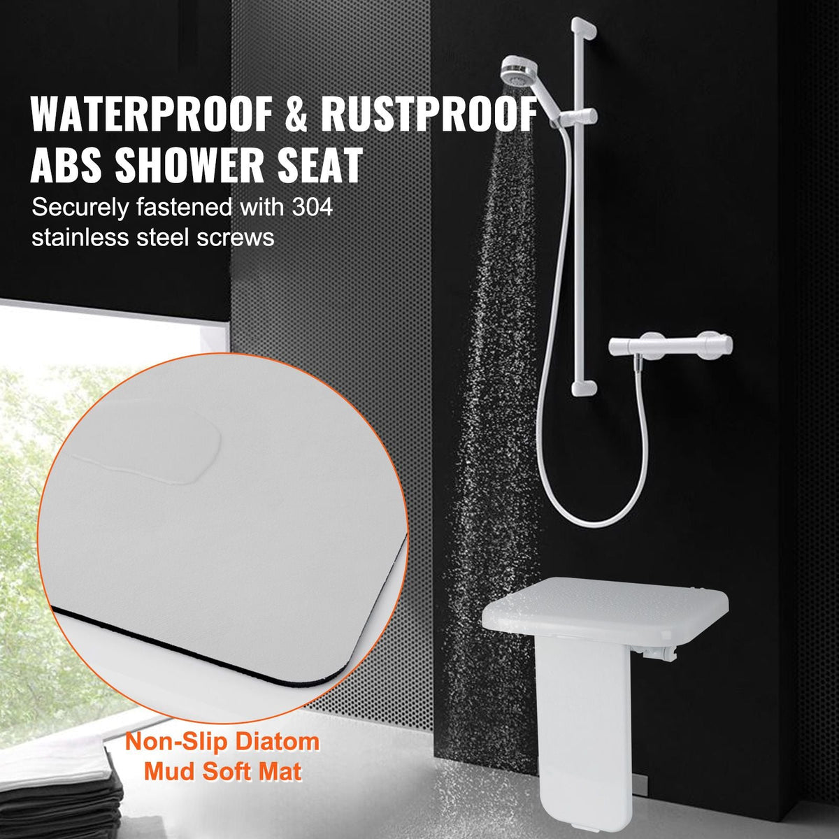 Folding ABS Shower Seat, 15.7'' x 16.7'' Unfolded, Wall Mounted Fold Up Shower Bench with 440 lbs Load Capacity, Space Saving Fold Down Shower Chair for Seniors Pregnant Women Children Adults