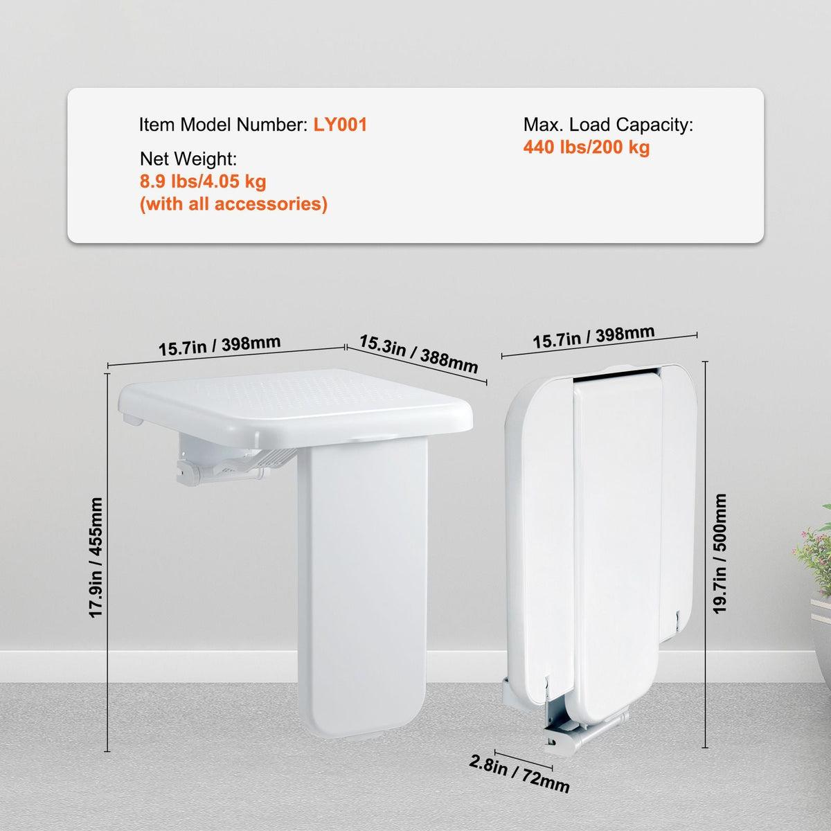Folding ABS Shower Seat, 15.7'' x 16.7'' Unfolded, Wall Mounted Fold Up Shower Bench with 440 lbs Load Capacity, Space Saving Fold Down Shower Chair for Seniors Pregnant Women Children Adults