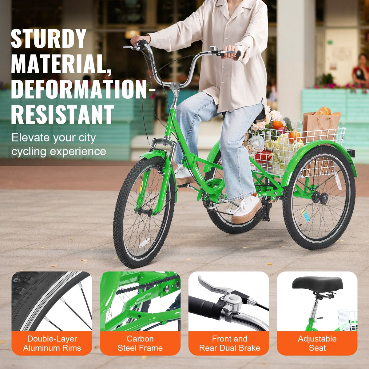 Folding Adult Tricycle, 24-Inch 7-Speed Adult Folding Trikes, Carbon Steel 3 Wheel Cruiser Bike with Basket & Adjustable Seat, Shopping Picnic Foldable Tricycles for Women, Men, Seniors (Green)