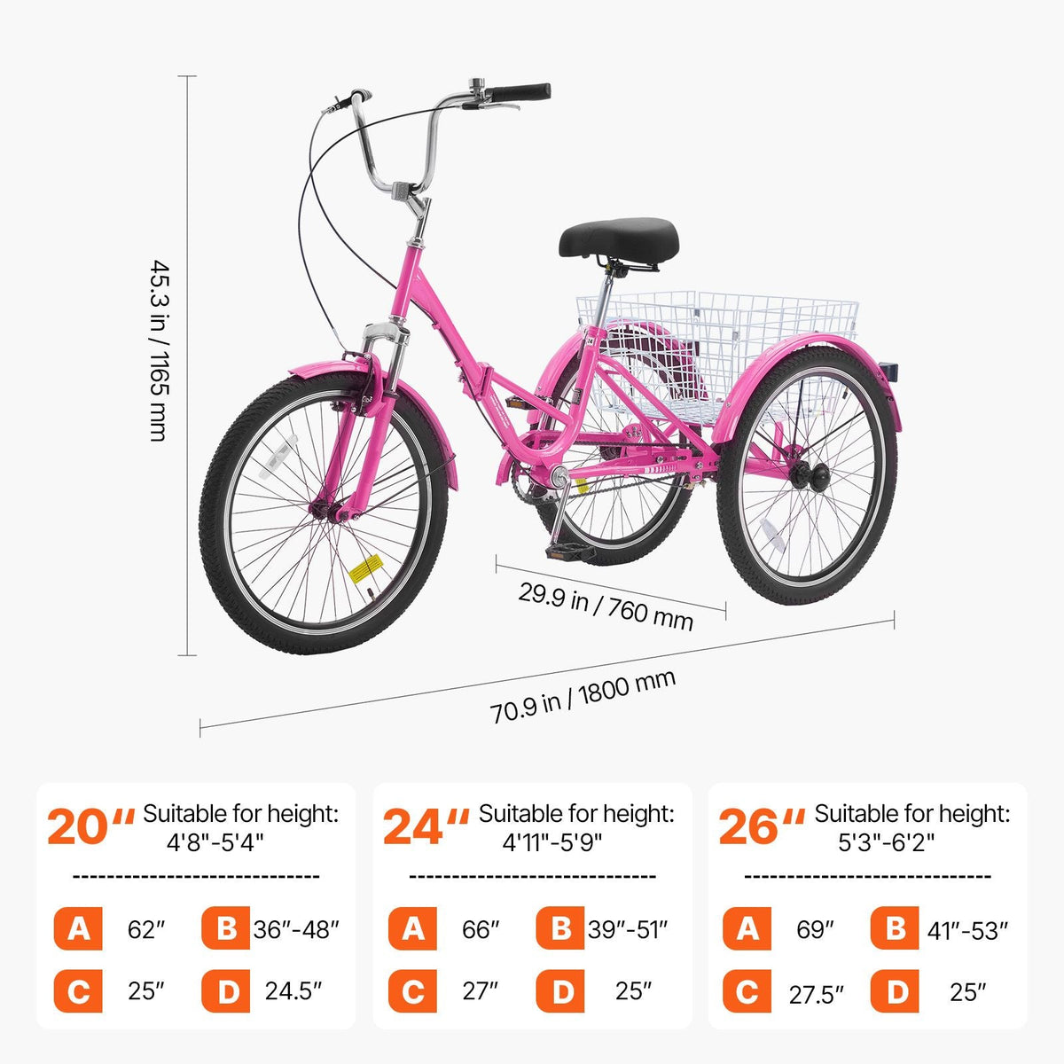 Folding Adult Tricycle, 26-Inch Adult Folding Trikes, Carbon Steel 3 Wheel Cruiser Bike with Large Basket & Adjustable Seat, Shopping Picnic Foldable Tricycles for Women, Men, Seniors (Pink)