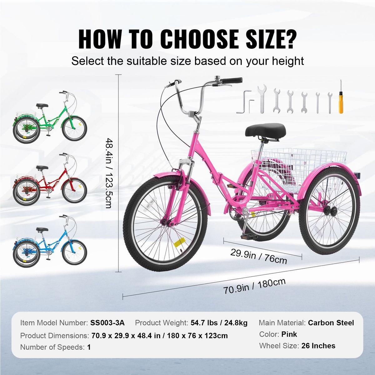 Folding Adult Tricycle, 26-Inch Adult Folding Trikes, Carbon Steel 3 Wheel Cruiser Bike with Large Basket & Adjustable Seat, Shopping Picnic Foldable Tricycles for Women, Men, Seniors (Pink)