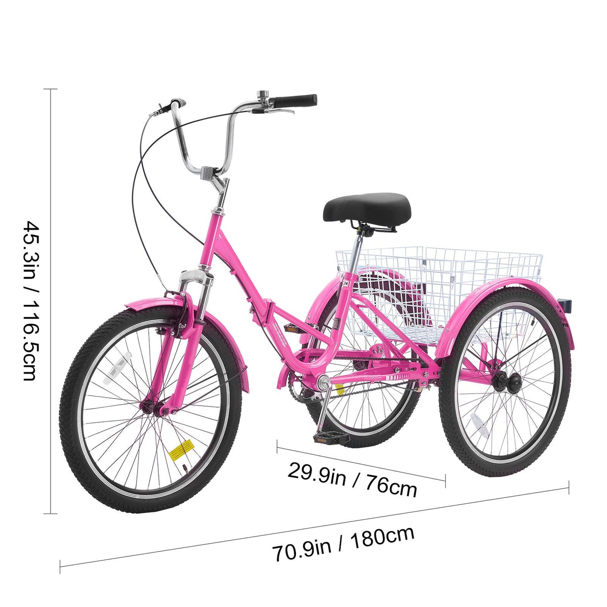 Folding Adult Tricycle, 26-Inch Adult Folding Trikes, Carbon Steel 3 Wheel Cruiser Bike with Large Basket & Adjustable Seat, Shopping Picnic Foldable Tricycles for Women, Men, Seniors (Pink)