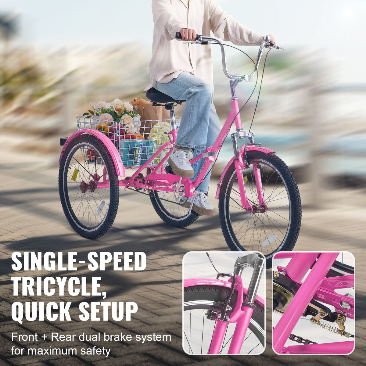 Folding Adult Tricycle, 26-Inch Adult Folding Trikes, Carbon Steel 3 Wheel Cruiser Bike with Large Basket & Adjustable Seat, Shopping Picnic Foldable Tricycles for Women, Men, Seniors (Pink)