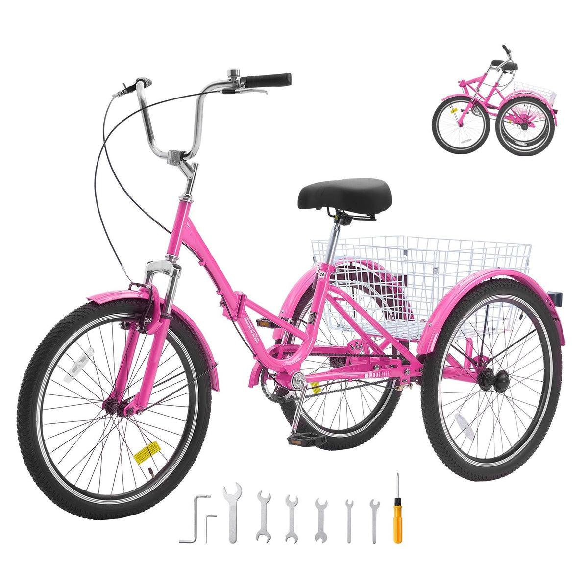 Folding Adult Tricycle, 26-Inch Adult Folding Trikes, Carbon Steel 3 Wheel Cruiser Bike with Large Basket & Adjustable Seat, Shopping Picnic Foldable Tricycles for Women, Men, Seniors (Pink)