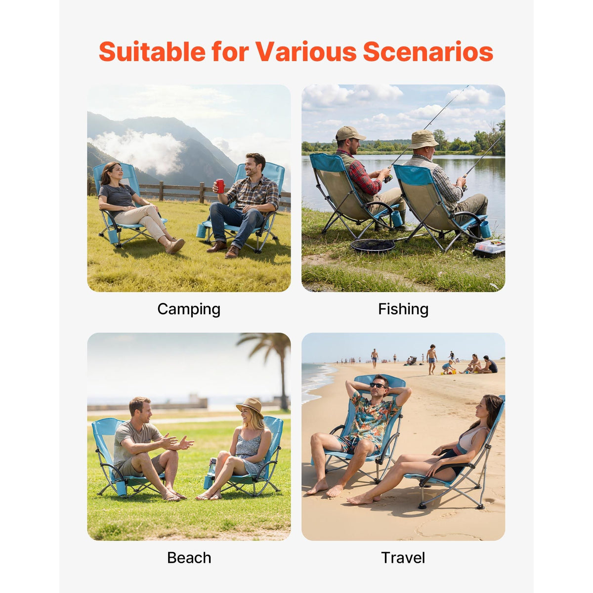 Folding Beach Chair, High Back Camping Chairs for Adults, with Cup Pocket, Mesh Back, Carry Bag, Portable Extra Wide Seat Chair 330 lbs Heavy Duty Support, for Outdoor, Camp, Light Blue, 2 Pack