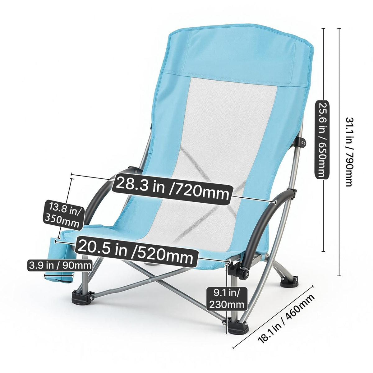 Folding Beach Chair, High Back Camping Chairs for Adults, with Cup Pocket, Mesh Back, Carry Bag, Portable Extra Wide Seat Chair 330 lbs Heavy Duty Support, for Outdoor, Camp, Light Blue, 2 Pack
