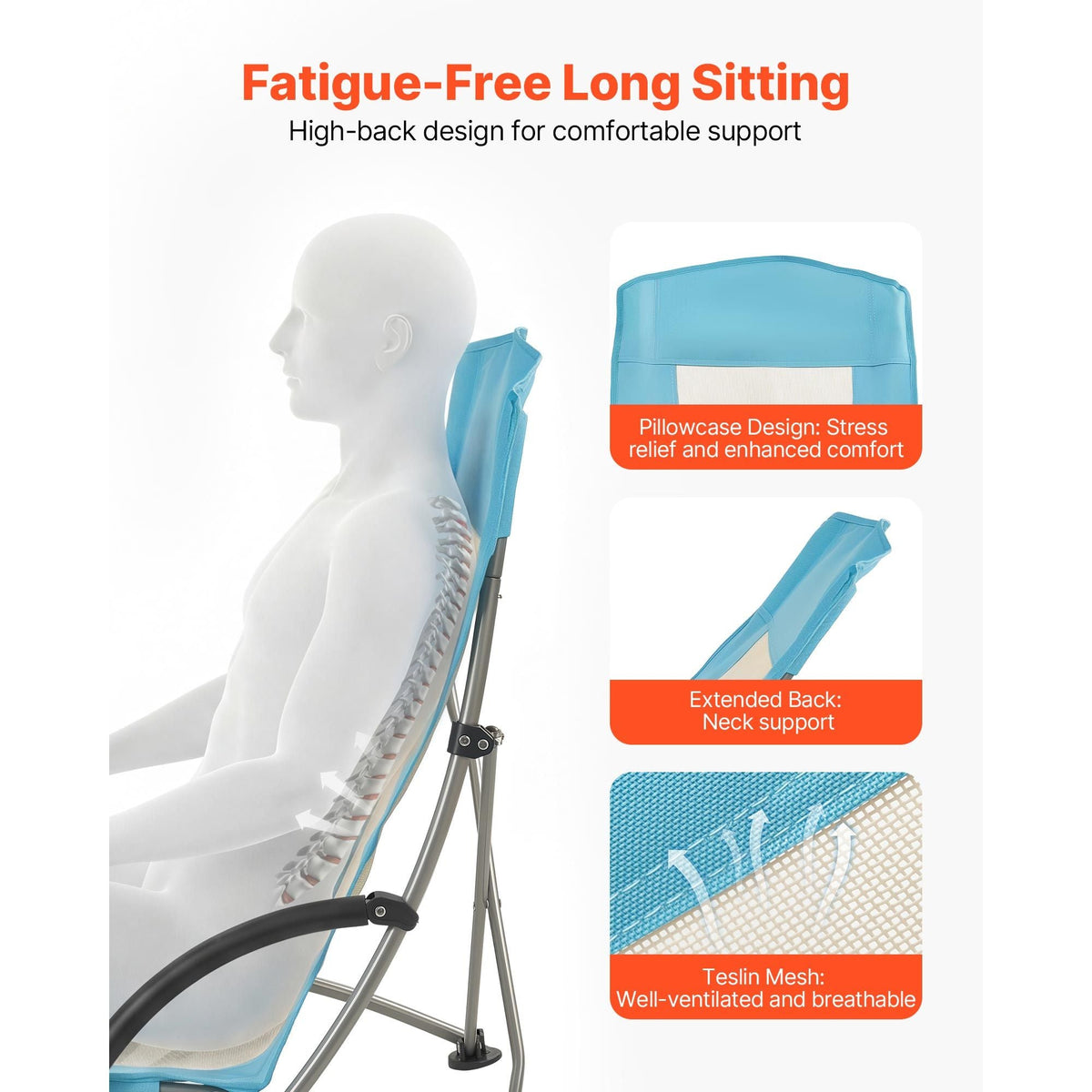Folding Beach Chair, High Back Camping Chairs for Adults, with Cup Pocket, Mesh Back, Carry Bag, Portable Extra Wide Seat Chair 330 lbs Heavy Duty Support, for Outdoor, Camp, Light Blue