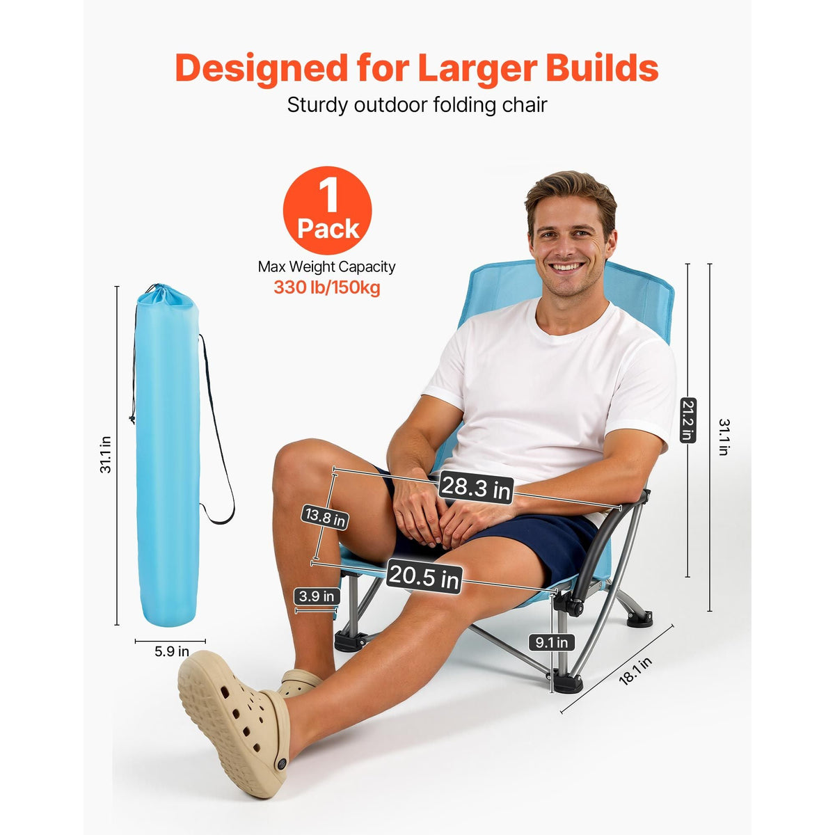 Folding Beach Chair, High Back Camping Chairs for Adults, with Cup Pocket, Mesh Back, Carry Bag, Portable Extra Wide Seat Chair 330 lbs Heavy Duty Support, for Outdoor, Camp, Light Blue