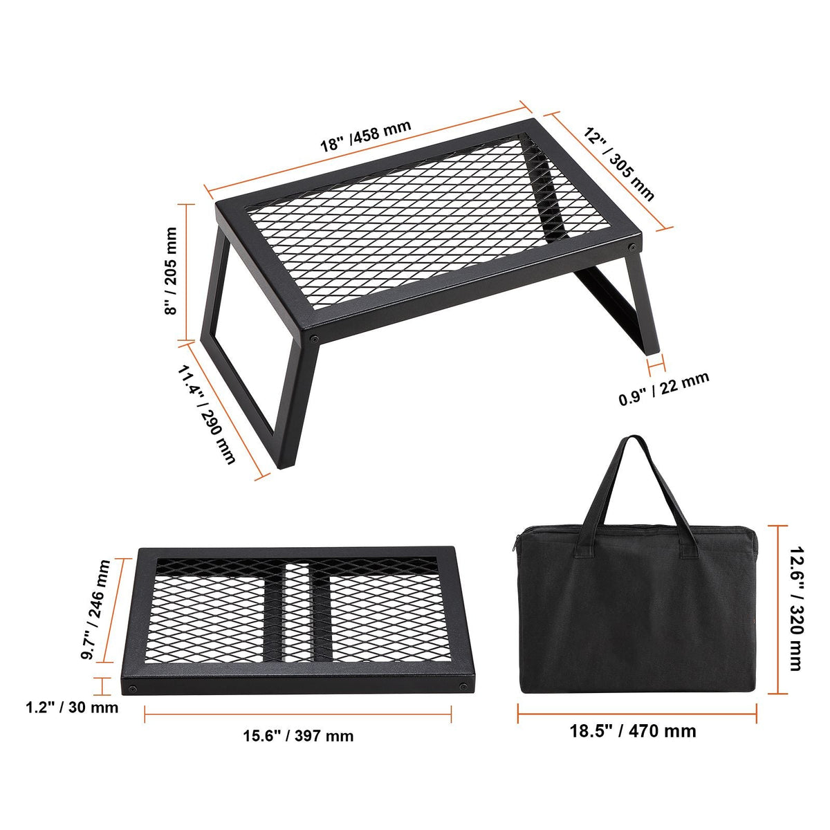 Folding Campfire Grill, Heavy Duty Steel Mesh Grate, 18" Portable Camping Grates Over Fire Pit, Camp Fire Cooking Equipment with Legs Carrying Bag, Grilling Rack for Outdoor Open Flame Cooking