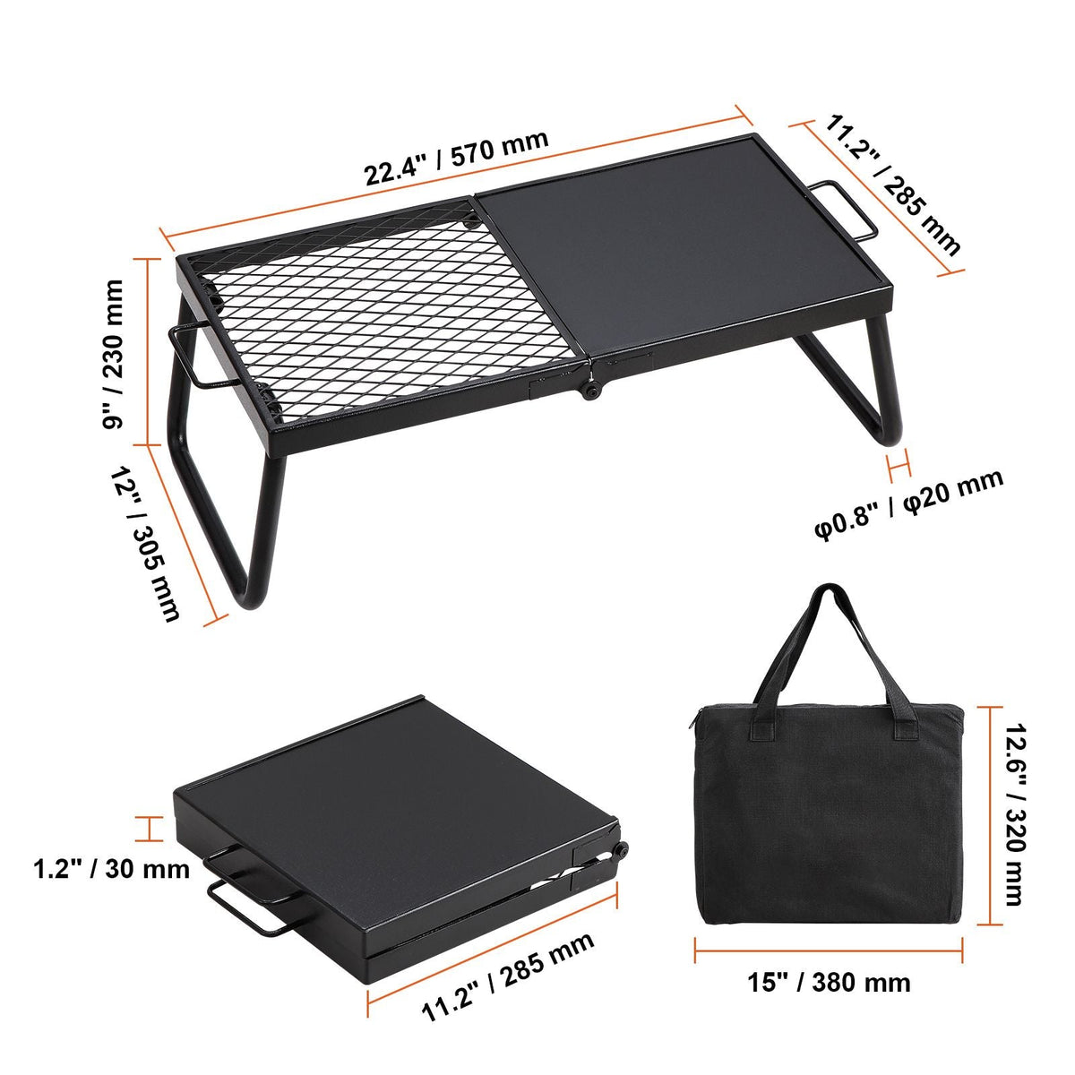 Folding Campfire Grill, Heavy Duty Steel Mesh Grate, 22.4" Portable Camping Grates Over Fire Pit, Camp Fire Cooking Equipment with Legs Carrying Bag, Grilling Rack for Outdoor Open Flame Cooking