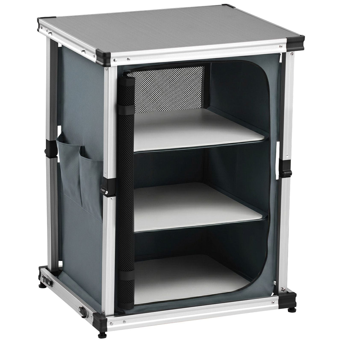 Folding Camping Storage Cabinet, Outdoor Portable Aluminum Lightweight Table, Quick Set-up Compact Kitchen Cook Station, with 3 Shelves and Carry Bag, for Picnic, BBQ, Camping, RV Traveling
