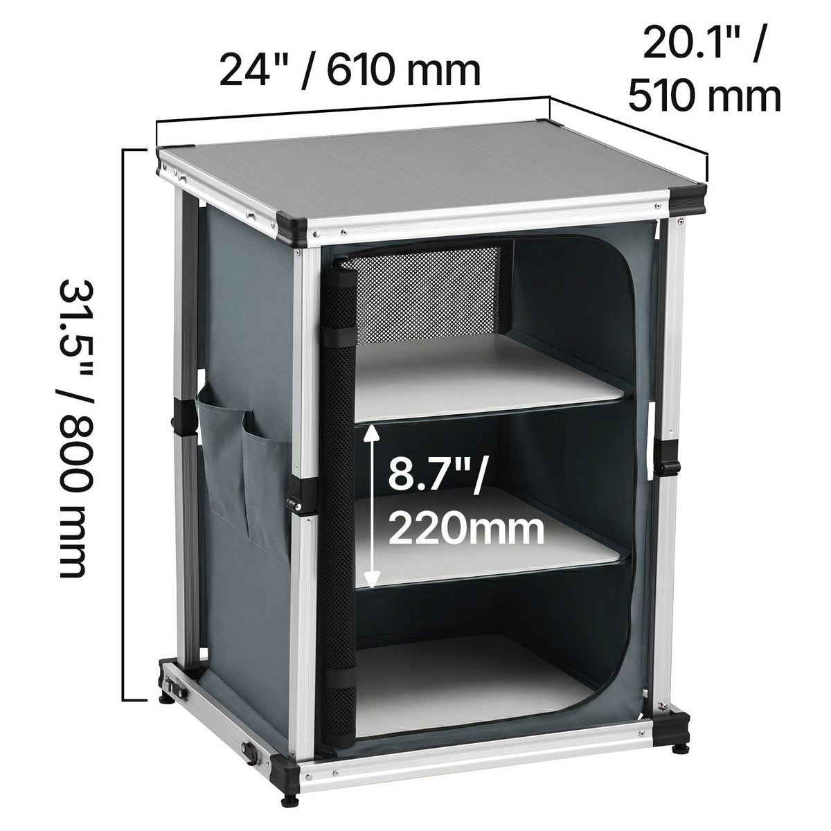 Folding Camping Storage Cabinet, Outdoor Portable Aluminum Lightweight Table, Quick Set-up Compact Kitchen Cook Station, with 3 Shelves and Carry Bag, for Picnic, BBQ, Camping, RV Traveling