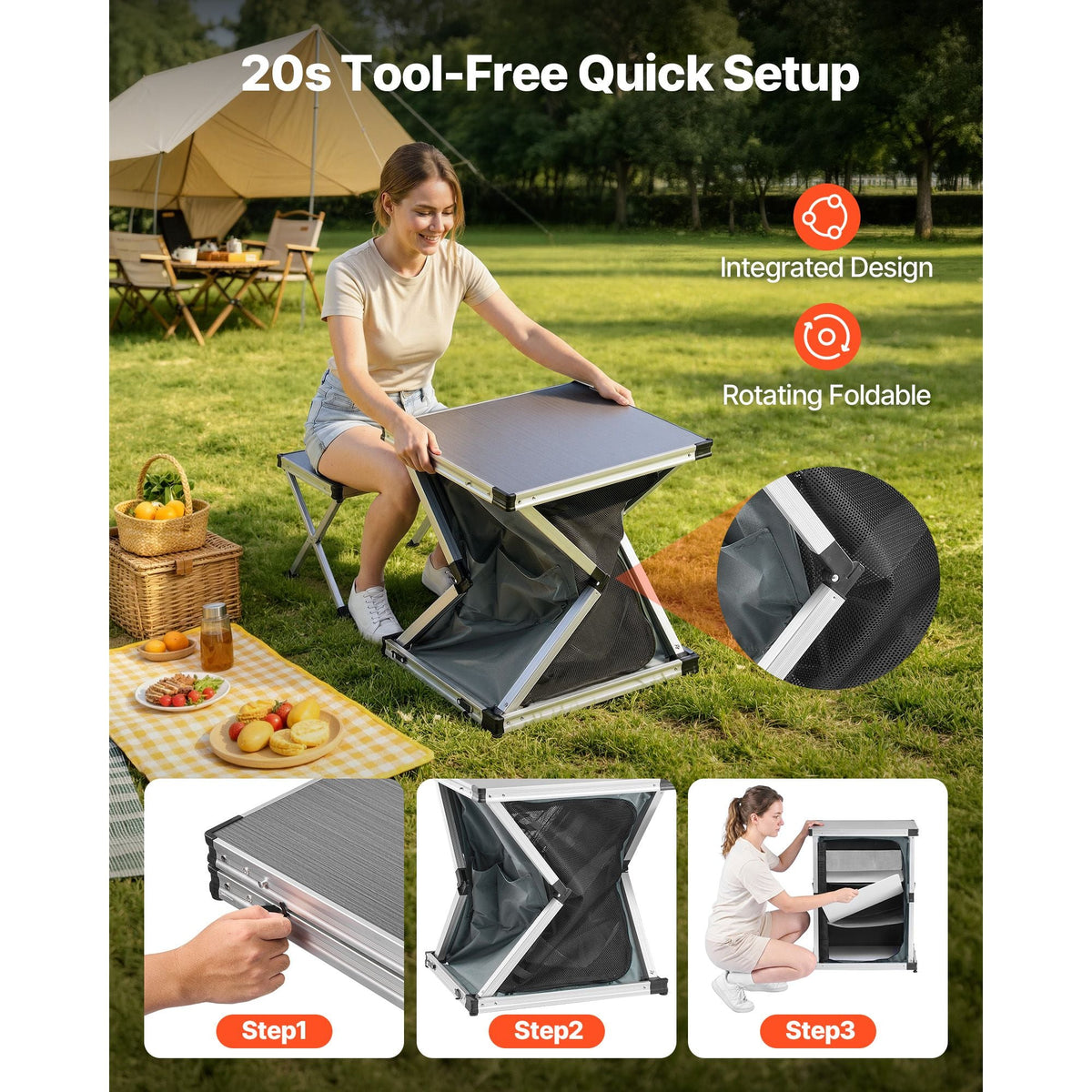 Folding Camping Storage Cabinet, Outdoor Portable Aluminum Lightweight Table, Quick Set-up Compact Kitchen Cook Station, with 3 Shelves and Carry Bag, for Picnic, BBQ, Camping, RV Traveling