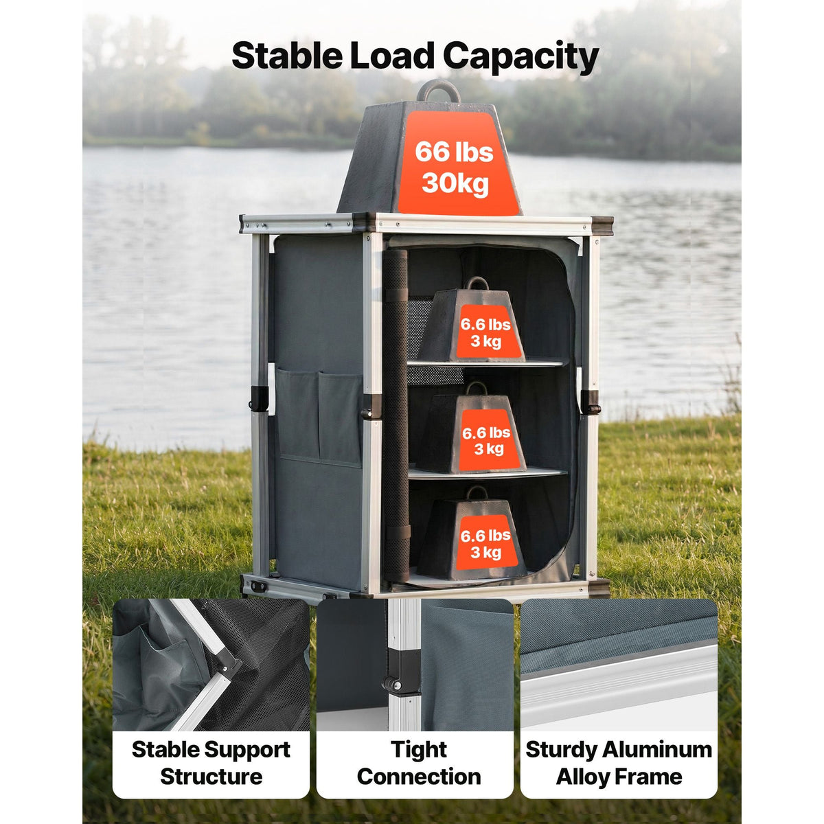 Folding Camping Storage Cabinet, Outdoor Portable Aluminum Lightweight Table, Quick Set-up Compact Kitchen Cook Station, with 3 Shelves and Carry Bag, for Picnic, BBQ, Camping, RV Traveling