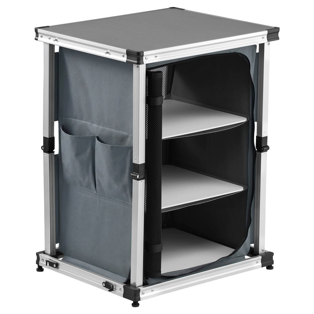 Folding Camping Storage Cabinet, Outdoor Portable Aluminum Lightweight Table, Quick Set-up Compact Kitchen Cook Station, with 3 Shelves and Carry Bag, for Picnic, BBQ, Camping, RV Traveling