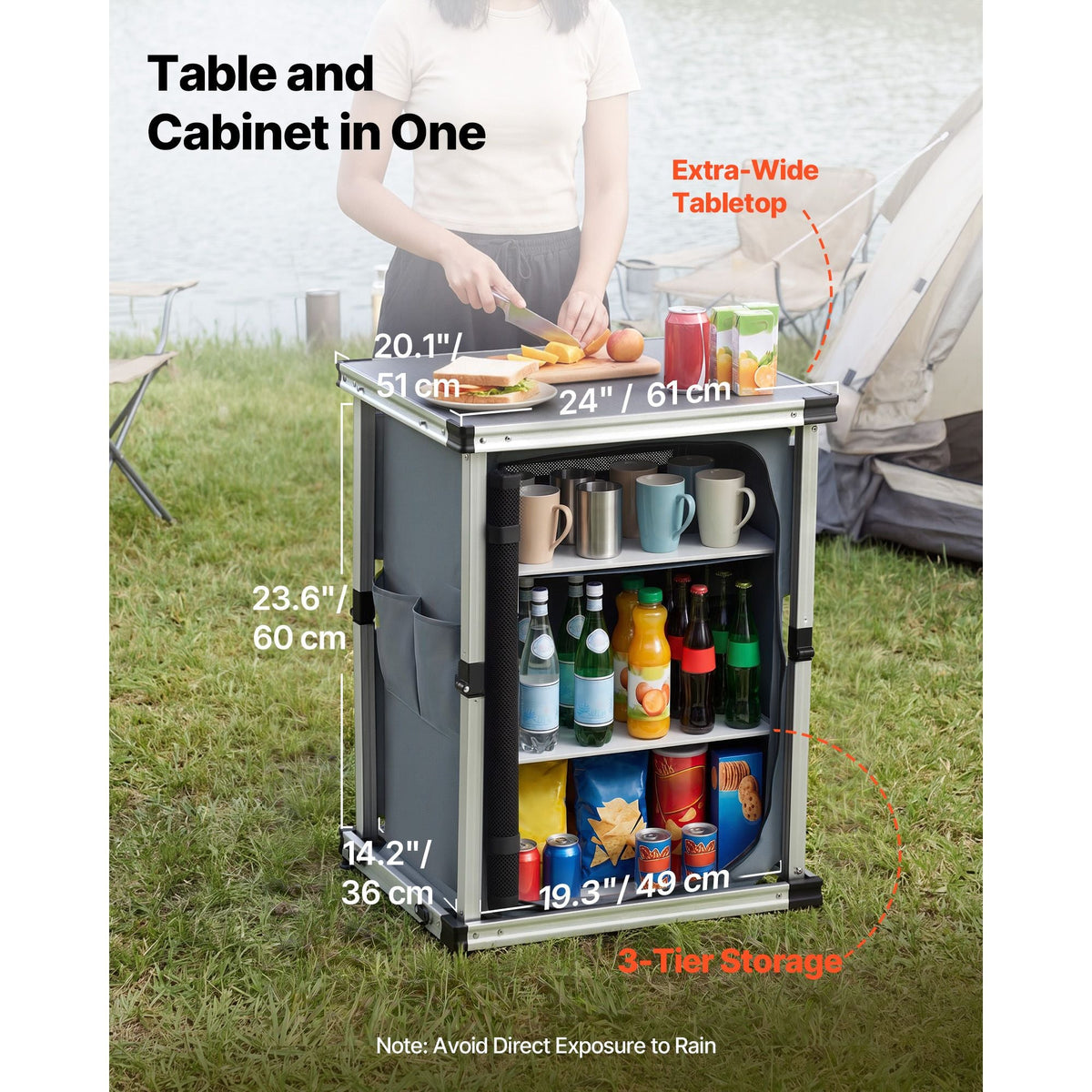 Folding Camping Storage Cabinet, Outdoor Portable Aluminum Lightweight Table, Quick Set-up Compact Kitchen Cook Station, with 3 Shelves and Carry Bag, for Picnic, BBQ, Camping, RV Traveling