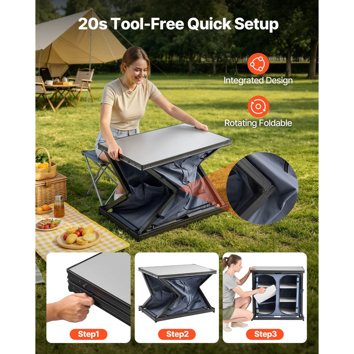 Folding Camping Storage Cabinet, Outdoor Portable Aluminum Lightweight Table, Quick Set-up Compact Kitchen Cook Station, with 6 Shelves and Carry Bag, for Picnic, BBQ, Camping, RV Traveling