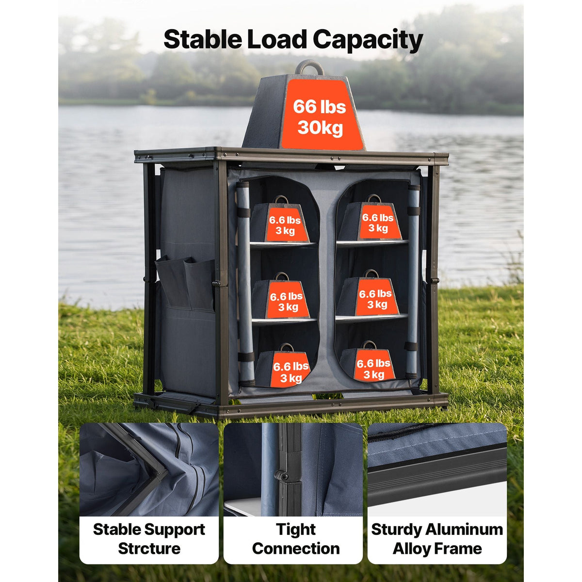 Folding Camping Storage Cabinet, Outdoor Portable Aluminum Lightweight Table, Quick Set-up Compact Kitchen Cook Station, with 6 Shelves and Carry Bag, for Picnic, BBQ, Camping, RV Traveling