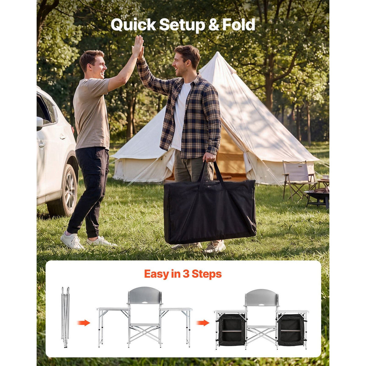 Folding Camping Table, Outdoor Portable Aluminum Lightweight Table, Quick Set-up Kitchen Cook Station, with Storage Organizer, Detachable Windscreen, Carrying Bag, Ideal for Picnic BBQ Traveling