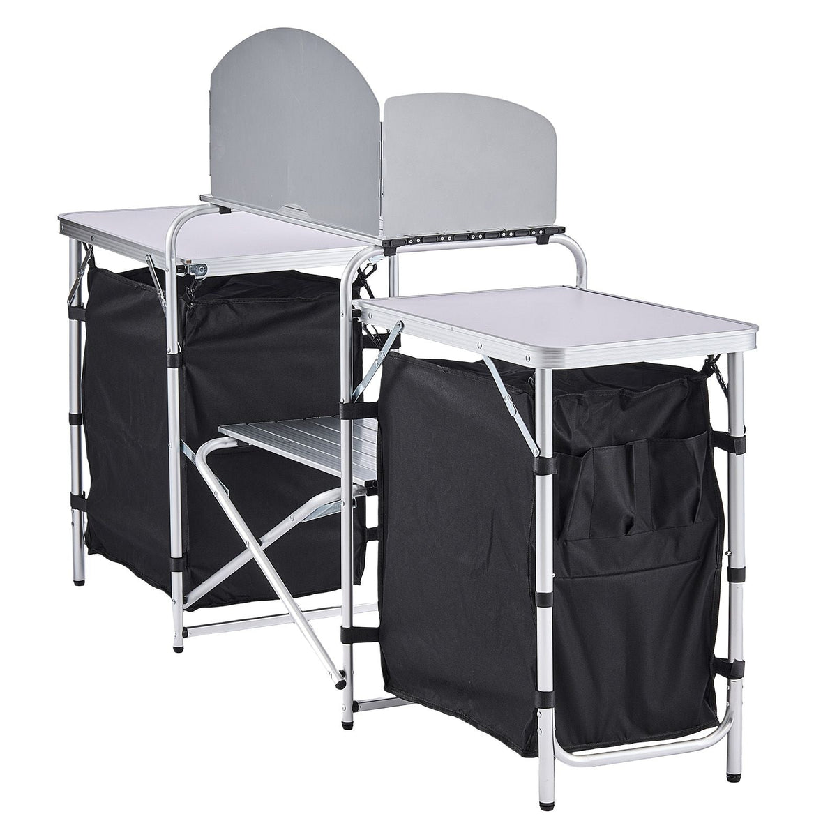 Folding Camping Table, Outdoor Portable Aluminum Lightweight Table, Quick Set-up Kitchen Cook Station, with Storage Organizer, Detachable Windscreen, Carrying Bag, Ideal for Picnic BBQ Traveling