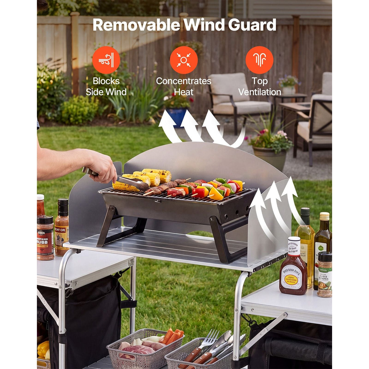 Folding Camping Table, Outdoor Portable Aluminum Lightweight Table, Quick Set-up Kitchen Cook Station, with Storage Organizer, Detachable Windscreen, Carrying Bag, Ideal for Picnic BBQ Traveling