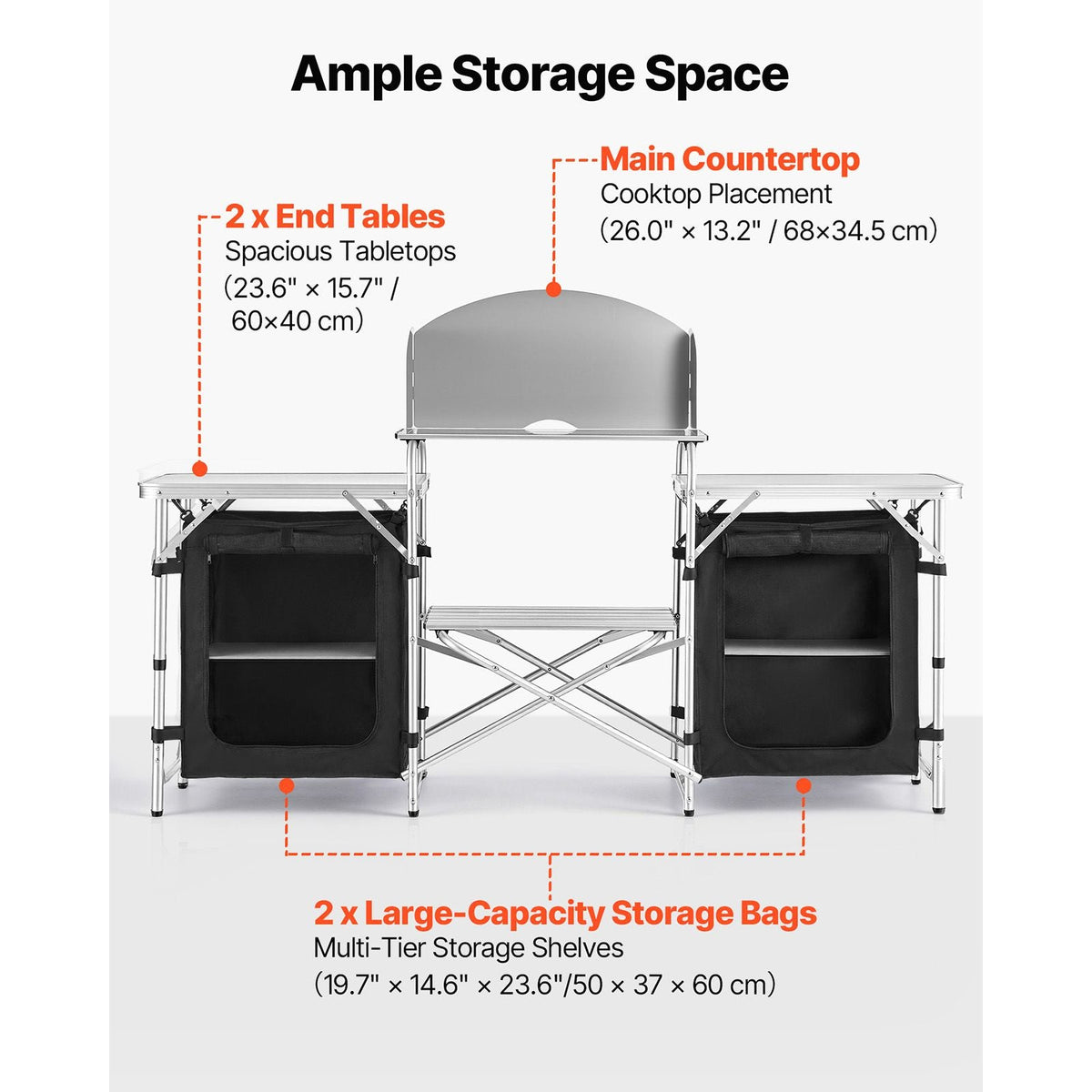 Folding Camping Table, Outdoor Portable Aluminum Lightweight Table, Quick Set-up Kitchen Cook Station, with Storage Organizer, Detachable Windscreen, Carrying Bag, Ideal for Picnic BBQ Traveling