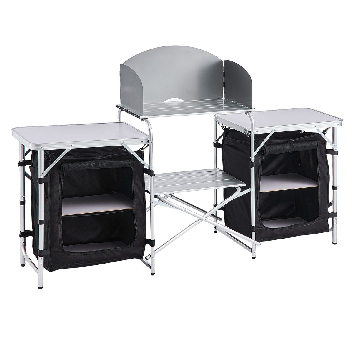 Folding Camping Table, Outdoor Portable Aluminum Lightweight Table, Quick Set-up Kitchen Cook Station, with Storage Organizer, Detachable Windscreen, Carrying Bag, Ideal for Picnic BBQ Traveling