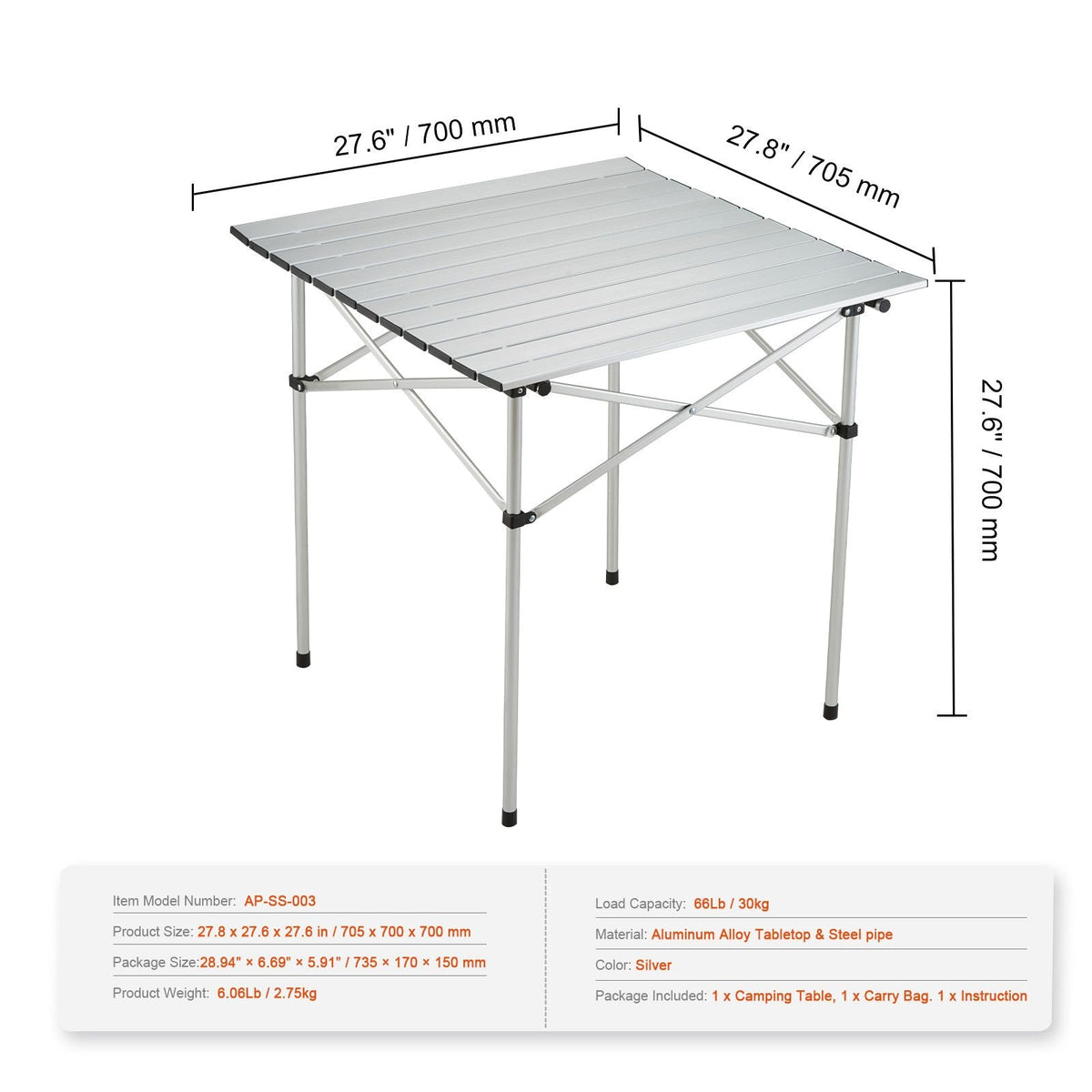 Folding Camping Table, Outdoor Portable Side Tables, Lightweight Fold Up Table, Aluminum Ultra Compact Work Table with Carry Bag, For Cooking, Beach, Picnic, Travel, 24x16 inch, Silver