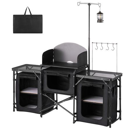 Folding Camping Table, Outdoor Portable Table, Quick Set-up Kitchen Cook Station, with Storage Organizer, Telescoping Legs, a Detachable Windscreen, Carrying Bag, for Picnic BBQ RV Traveling