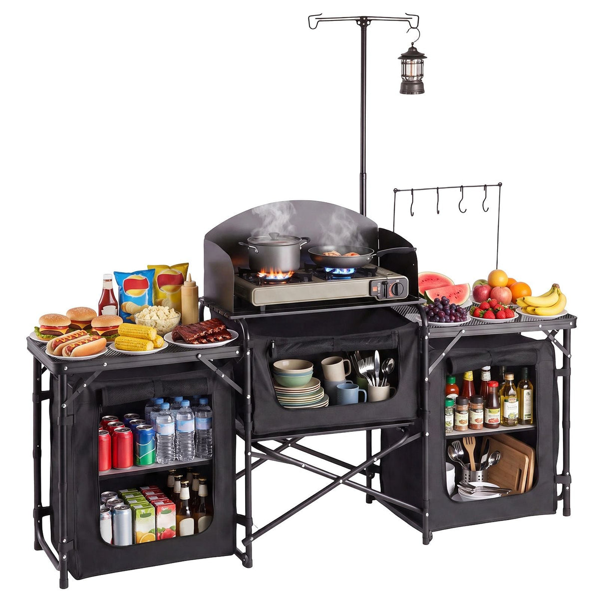 Folding Camping Table, Outdoor Portable Table, Quick Set-up Kitchen Cook Station, with Storage Organizer, Telescoping Legs, a Detachable Windscreen, Carrying Bag, for Picnic BBQ RV Traveling