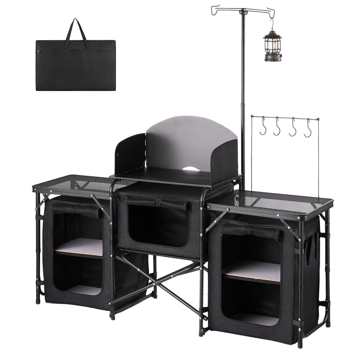 Folding Camping Table, Outdoor Portable Table, Quick Set-up Kitchen Cook Station, with Storage Organizer, Telescoping Legs, a Detachable Windscreen, Carrying Bag, for Picnic BBQ RV Traveling