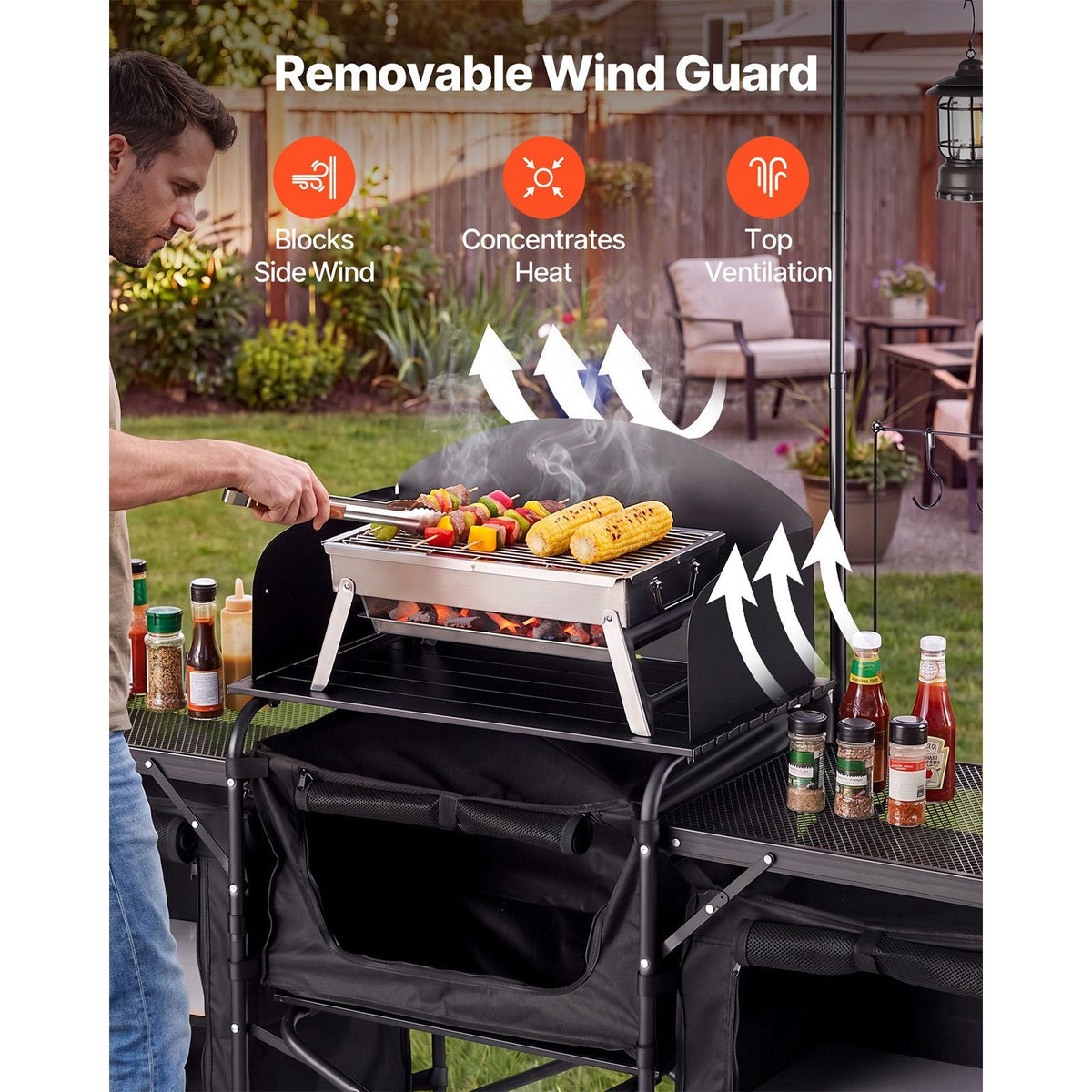 Folding Camping Table, Outdoor Portable Table, Quick Set-up Kitchen Cook Station, with Storage Organizer, Telescoping Legs, a Detachable Windscreen, Carrying Bag, for Picnic BBQ RV Traveling