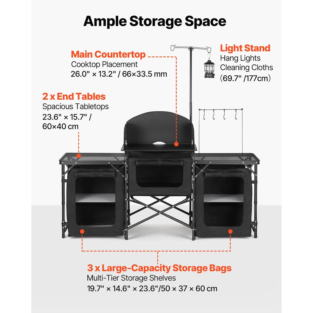 Folding Camping Table, Outdoor Portable Table, Quick Set-up Kitchen Cook Station, with Storage Organizer, Telescoping Legs, a Detachable Windscreen, Carrying Bag, for Picnic BBQ RV Traveling