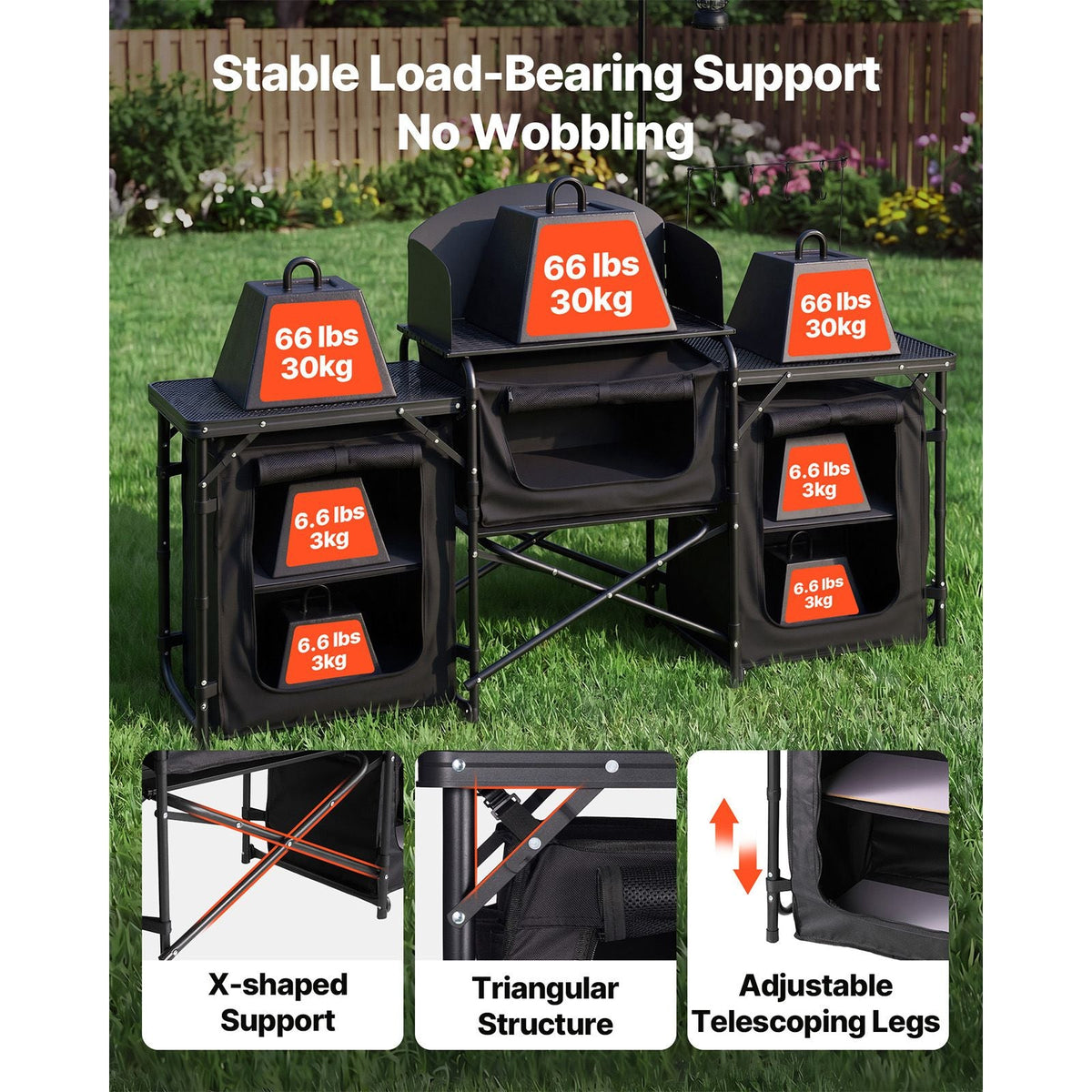 Folding Camping Table, Outdoor Portable Table, Quick Set-up Kitchen Cook Station, with Storage Organizer, Telescoping Legs, a Detachable Windscreen, Carrying Bag, for Picnic BBQ RV Traveling