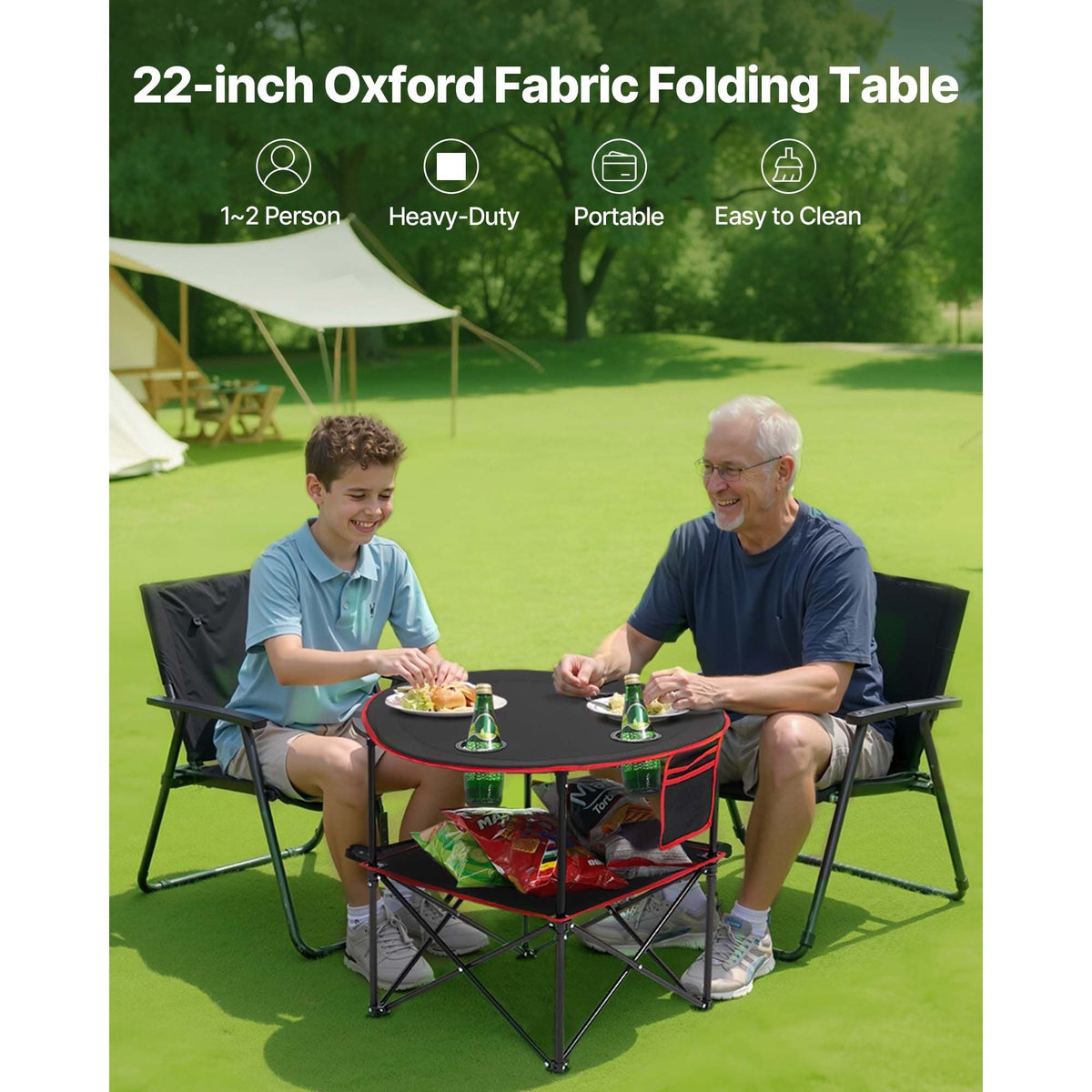 Folding Camping Table, Portable Outdoor Lightweight Picnic Table, 600D Oxford Fabric Waterproof Canvas Travel Beach Tables, with 4 Cup Holders, Carry Bag, for Tailgating Camping Picnic, Black