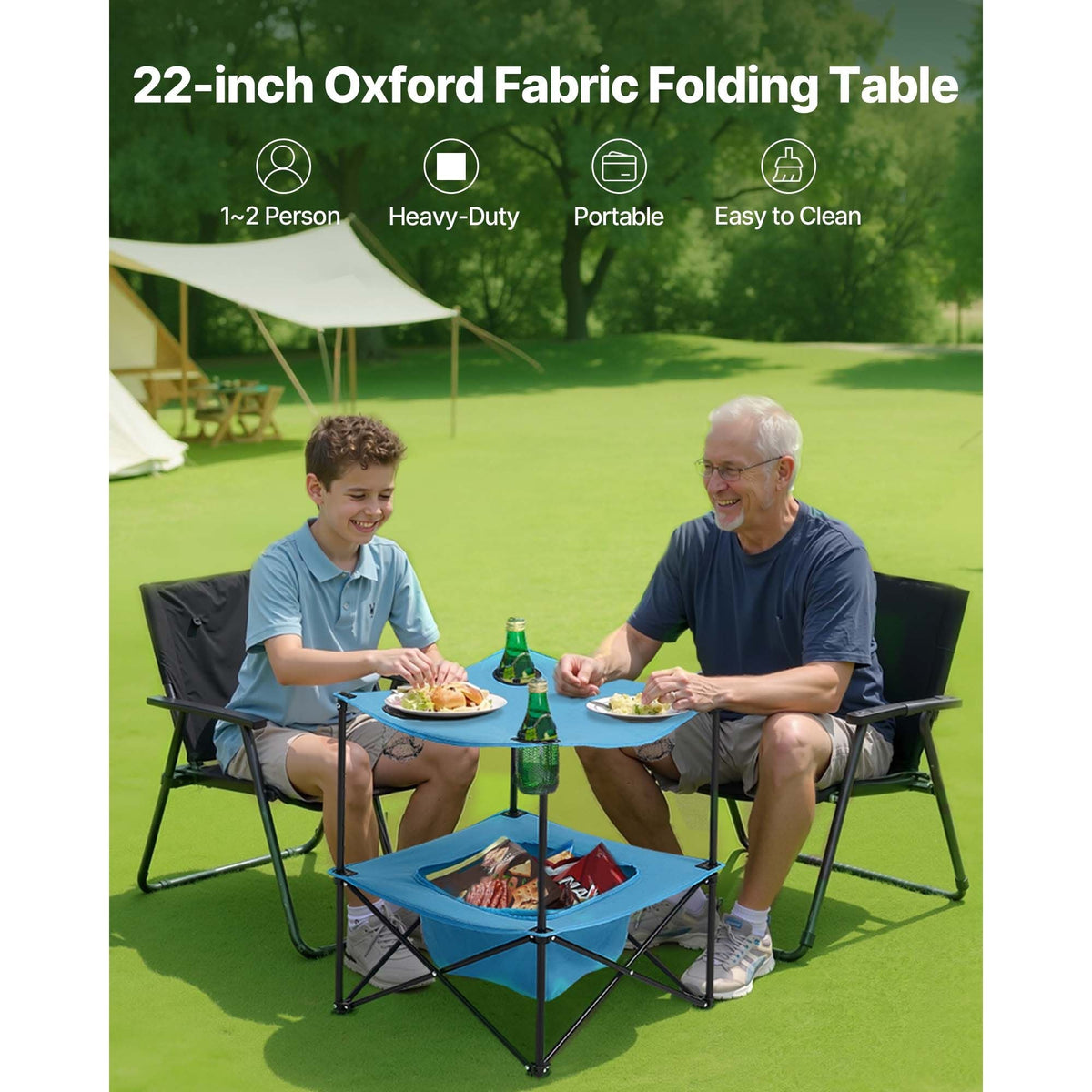 Folding Camping Table, Portable Outdoor Lightweight Picnic Table, 600D Oxford Fabric Waterproof Canvas Travel Beach Tables, with 4 Cup Holders, Carry Bag, for Tailgating Camping Picnic, Blue