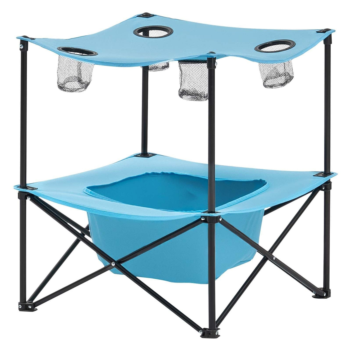 Folding Camping Table, Portable Outdoor Lightweight Picnic Table, 600D Oxford Fabric Waterproof Canvas Travel Beach Tables, with 4 Cup Holders, Carry Bag, for Tailgating Camping Picnic, Blue