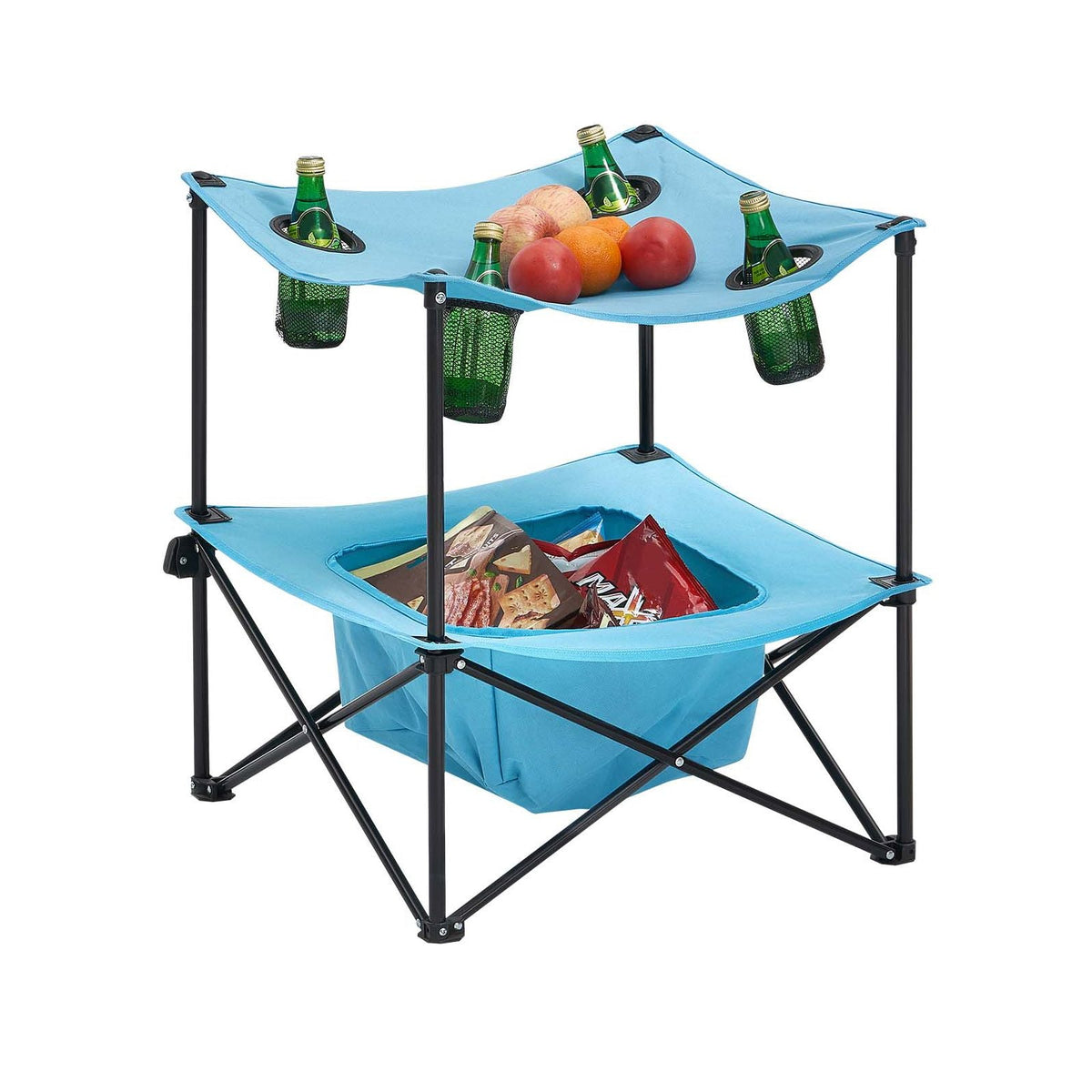 Folding Camping Table, Portable Outdoor Lightweight Picnic Table, 600D Oxford Fabric Waterproof Canvas Travel Beach Tables, with 4 Cup Holders, Carry Bag, for Tailgating Camping Picnic, Blue