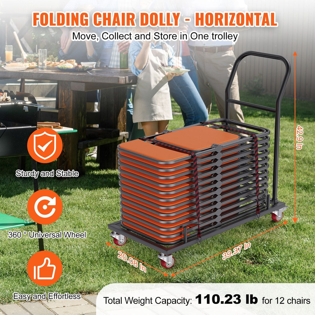 Folding Chair Dolly, Iron Commercial Cart with 12 Chairs Capacity, Folding Chairs Rack Trolley with 4 Casters, Storage Transport Dolly for Flat Stacking Plastic Resin and Wood Chairs, Black