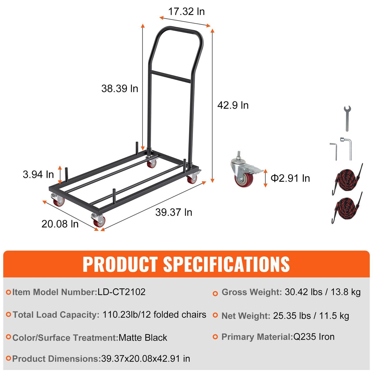 Folding Chair Dolly, Iron Commercial Cart with 12 Chairs Capacity, Folding Chairs Rack Trolley with 4 Casters, Storage Transport Dolly for Flat Stacking Plastic Resin and Wood Chairs, Black