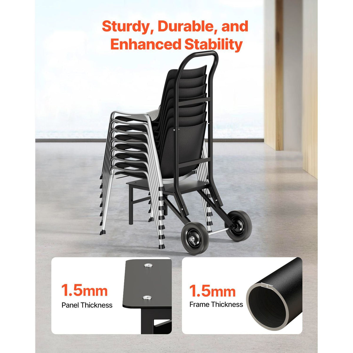 Folding Chair Rack, 150 LBS Capacity, Heavy-duty Chair Cart for Stacking 10 Chairs, Multi-Function Metal Chair Storage Dolly with Rubber Wheels, Push-Style Chair Holder, Matte Black