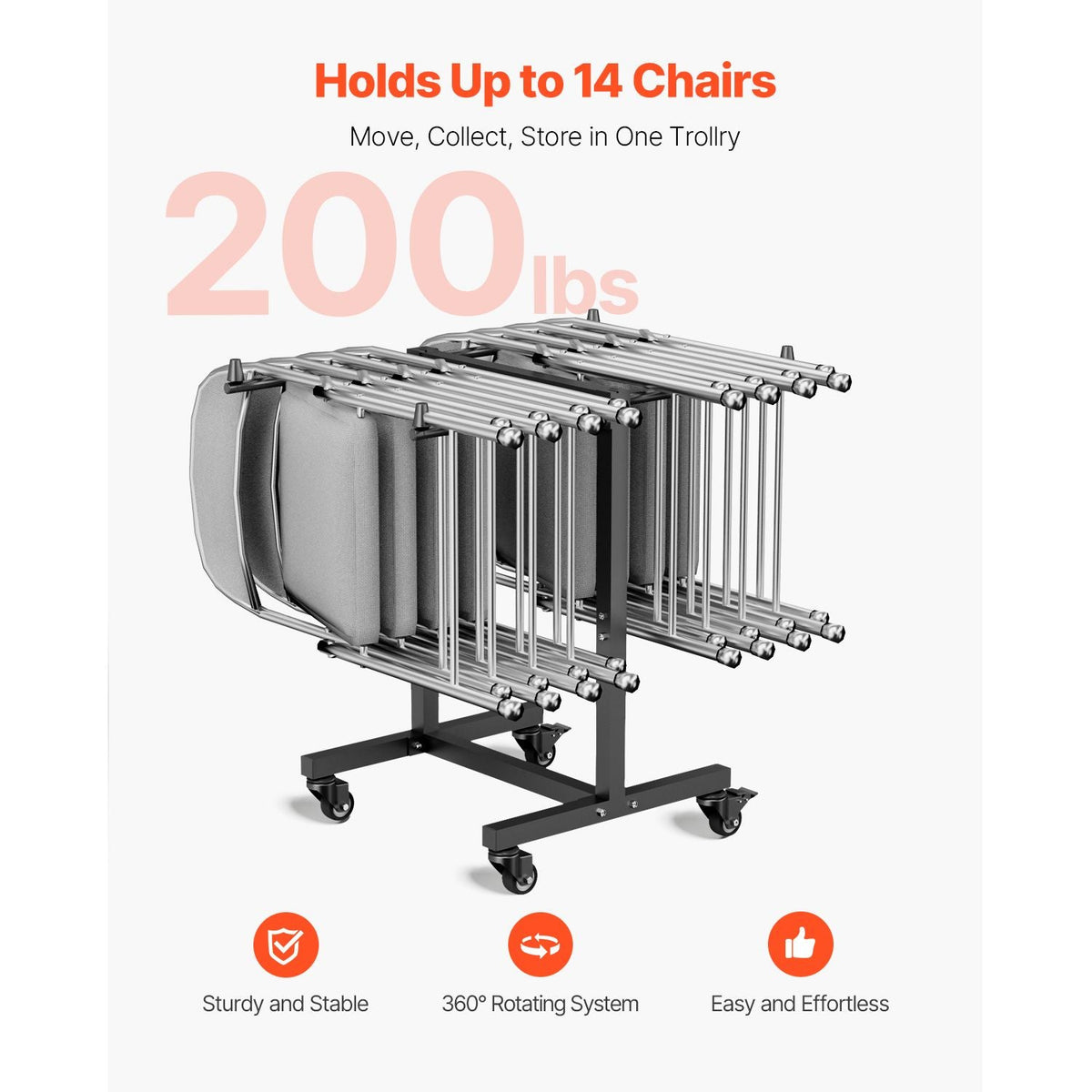 Folding Chair Rack, 200 LBS Capacity, T-shape Chair Cart for 14 Chairs, Heavy-duty Metal Chair Storage Dolly with Rubber Wheels, Multi-Function Chair Holder for Party Event,Hotel, Matte Black