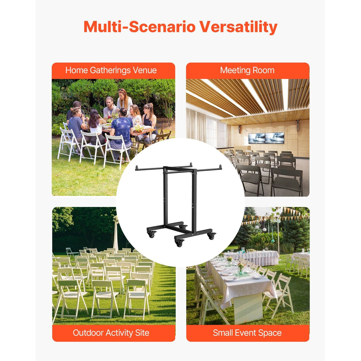 Folding Chair Rack, 200 LBS Capacity, T-shape Chair Cart for 14 Chairs, Heavy-duty Metal Chair Storage Dolly with Rubber Wheels, Multi-Function Chair Holder for Party Event,Hotel, Matte Black