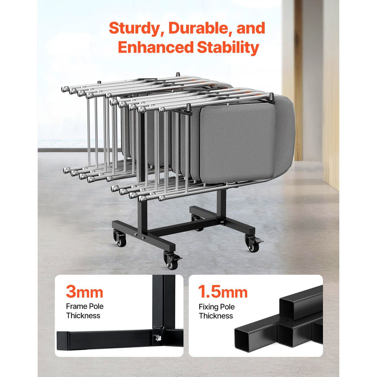 Folding Chair Rack, 200 LBS Capacity, T-shape Chair Cart for 14 Chairs, Heavy-duty Metal Chair Storage Dolly with Rubber Wheels, Multi-Function Chair Holder for Party Event,Hotel, Matte Black