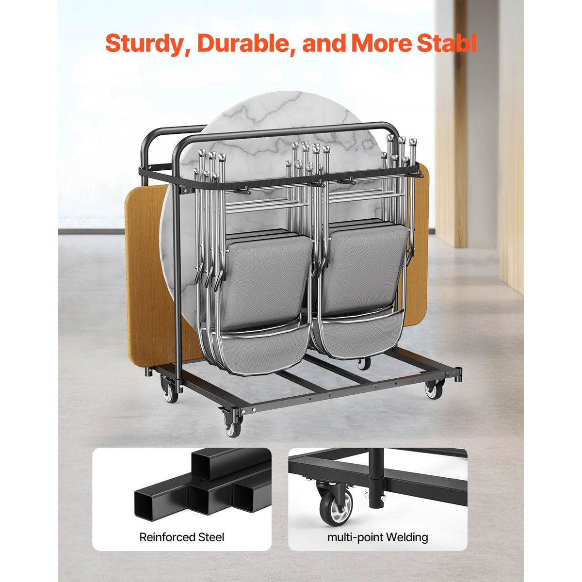 Folding Chair Rack, 400 LBS Capacity, Heavy-duty Chair Cart for 5 Tables+14 Chairs, Chair Storage Dolly Chair Holder w/ Swivel Casters and Locking Wheels,for Party Event,Hotel, Matte Black
