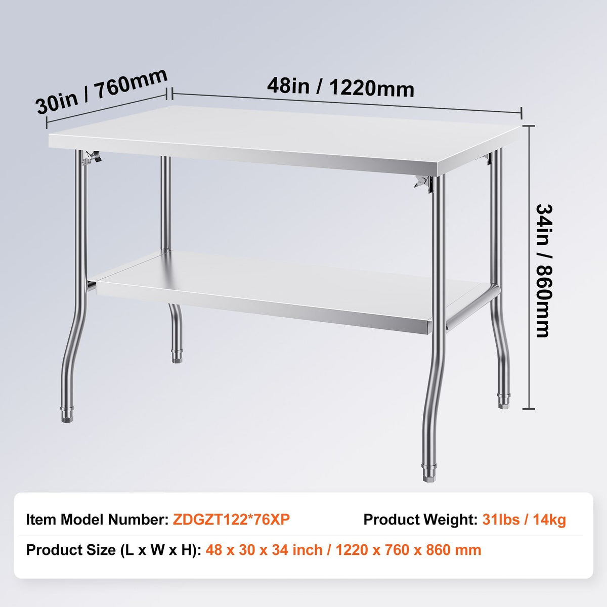 Folding Commercial Prep Table, 48 x 30 Inch Commercial Worktable Workstation with Undershelf, Heavy-duty Stainless Steel Folding Table with 300 lbs Load, for Home Kitchen Restaurant Garage