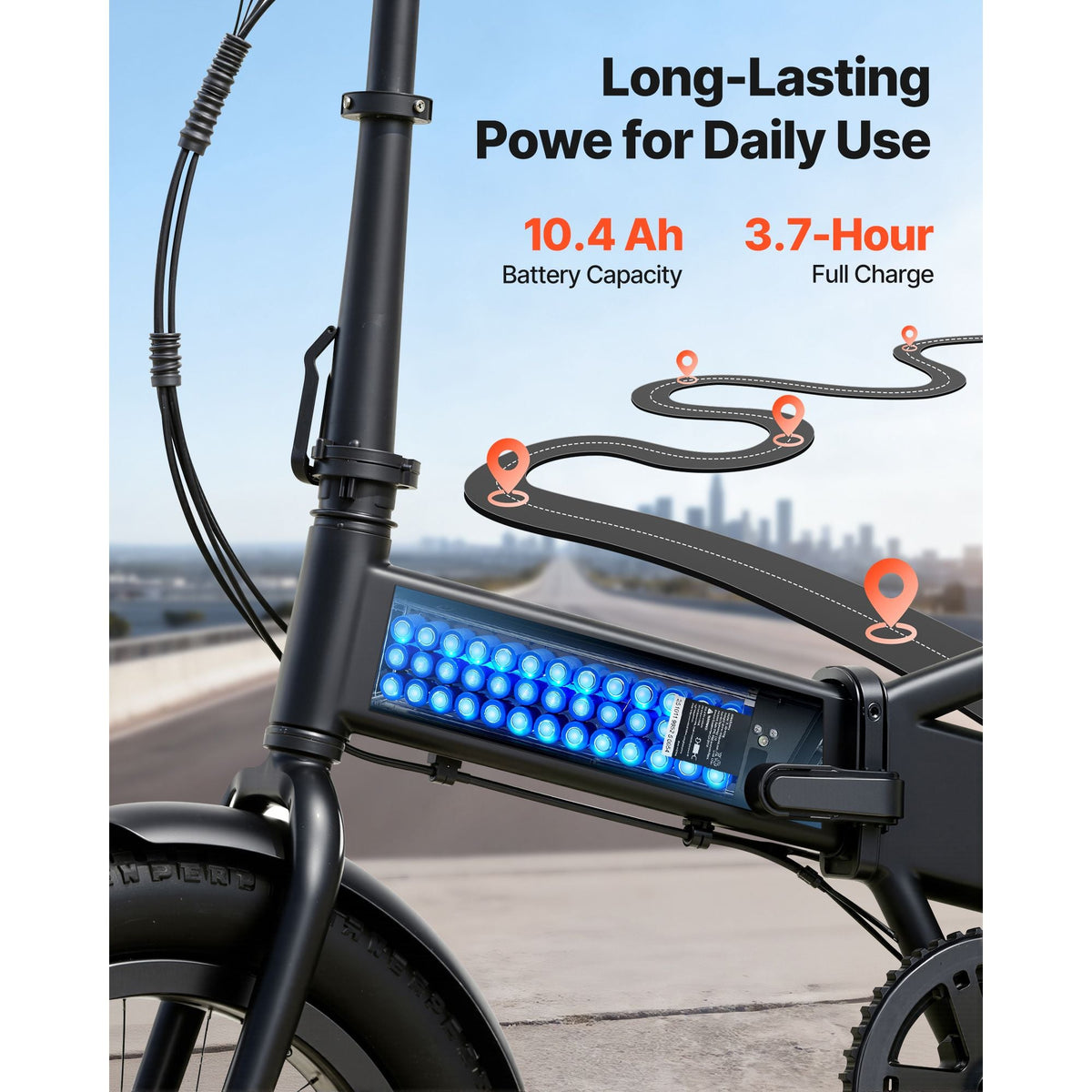 Folding Ebike Battery, 48V 10.4Ah Electric Bike Lithium Battery Pack with BMS, 3A Charger, Lock for 1000W E-Bike Motor, Detachable Electric Bicycle Replacement Kit with Handle & Discharge Socket