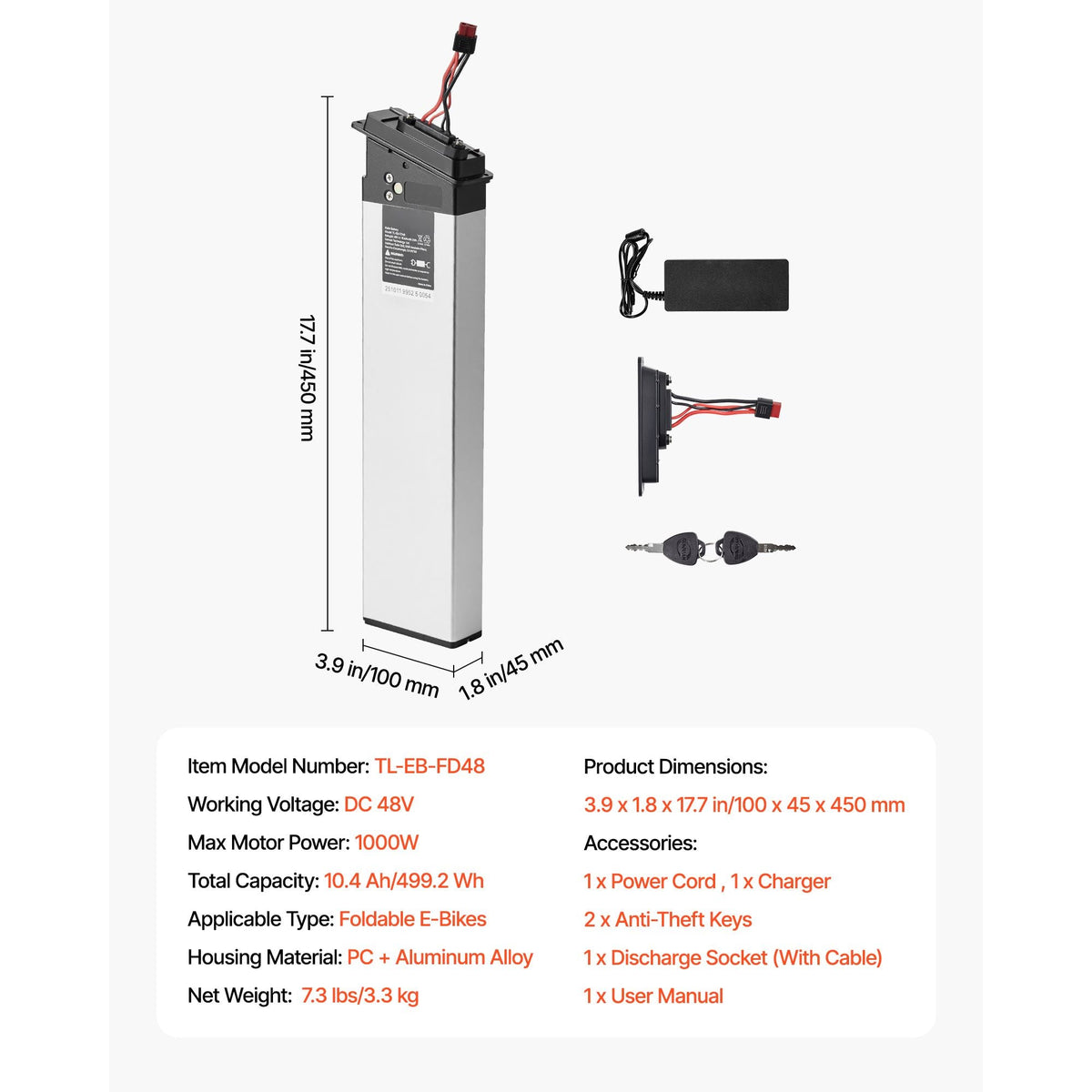 Folding Ebike Battery, 48V 10.4Ah Electric Bike Lithium Battery Pack with BMS, 3A Charger, Lock for 1000W E-Bike Motor, Detachable Electric Bicycle Replacement Kit with Handle & Discharge Socket