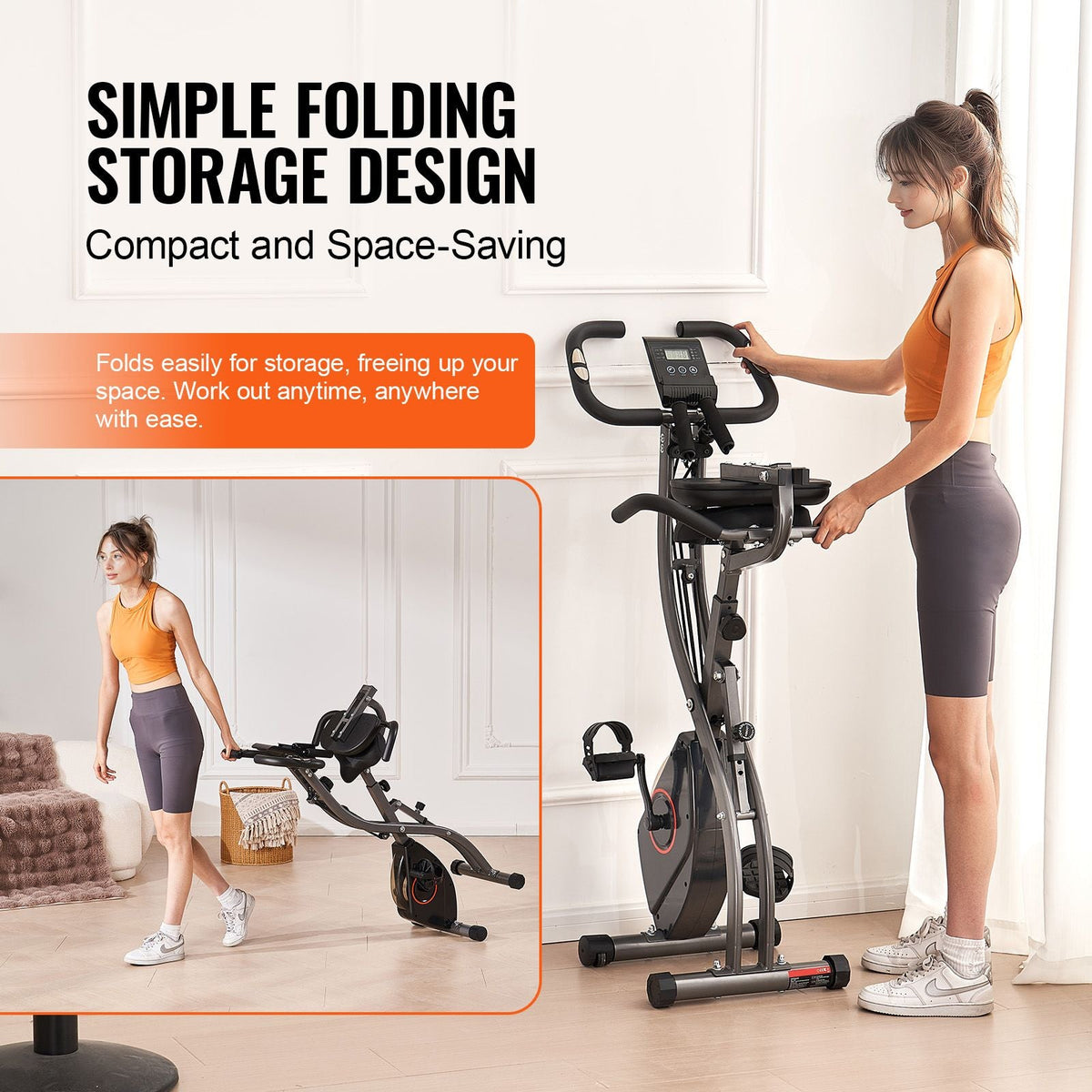 Folding Exercise Bike, Foldable Fitness Stationary Bike, Adjustable Magnetic Resistance Stationary Bike, Upright Indoor Cycling Bike for Home Gym Workout, Comfortable Seat Cushion, LCD Monitor